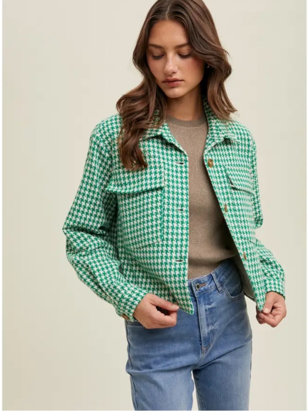 Cropped button tweed houndstooth jacket green/white